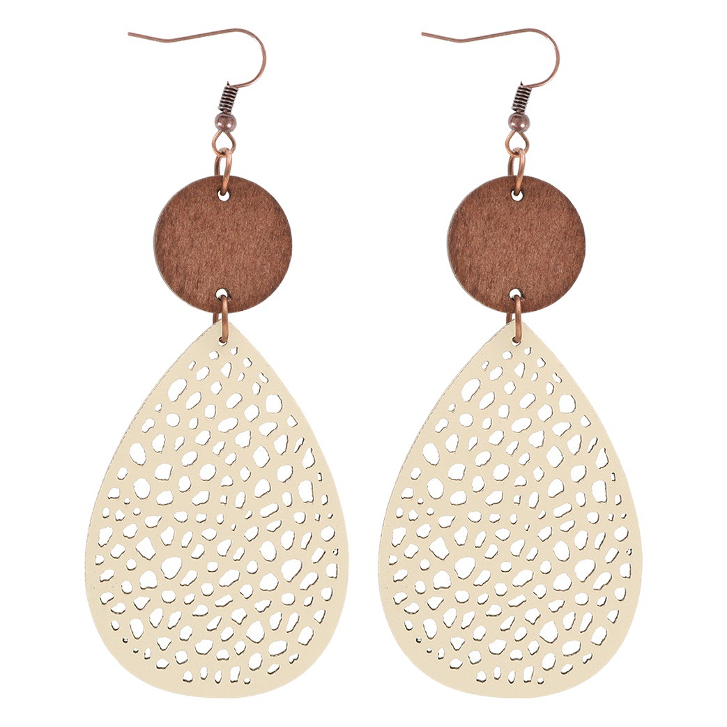 Drop-shaped Hollow-out Leather and Wood Combination Mesh Women's Earrings Cross-border European and American Amazon AliExpress