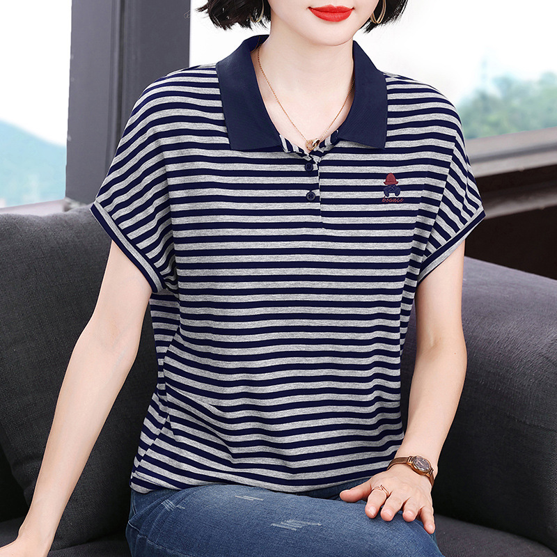 Fashionable Age-Reducing Color-Block Striped Polo Shirt with Cartoon Embroidery, Short-Sleeve Women's Summer New Plus-Size Casual Wear