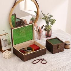 實木質桌面收納盒海棠花玻璃帶鎖蓋長方形首飾盒證件家用儲雜物箱