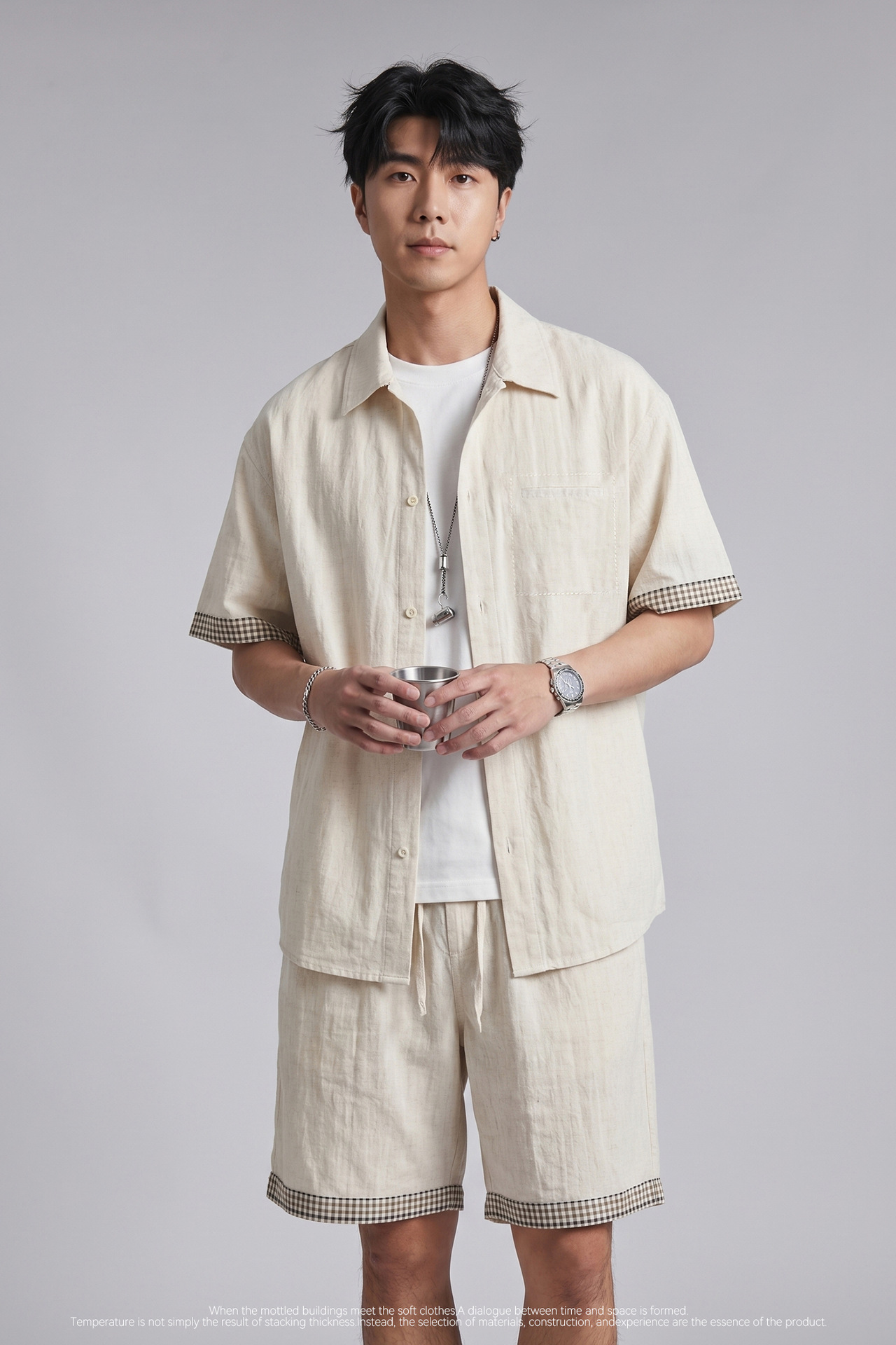 Bộ đồ thể thao nam áo sơ mi ngắn tay kèm quần short chất liệu Tencel mát lạnh — đen chi tiết 3