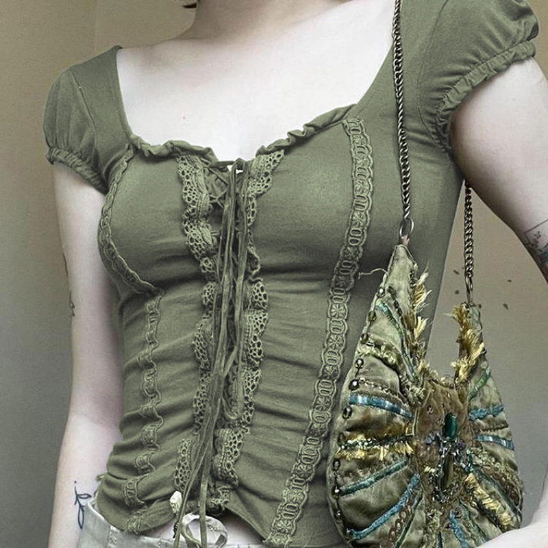 European and American Style Square-Neck Green Ruffle Patchwork Tie Slim Short Top Niche Spicy Girl Puff Sleeve Knit T-Shirt