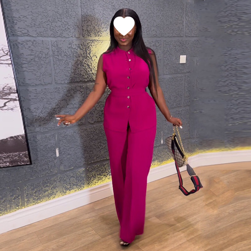 European and American Cross-Border Women's Summer Stand-Up Collar Buttoned Sleeveless Waist-Tie Top Wide-Leg Trousers Suit