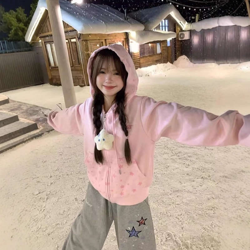 Korean Star Print Hooded Zipper Sweatshirt Autumn and Winter New Stereo Decorative Loose and Stylish Versatile Cardigan Jacket Korean Star Print Hooded Zipper Sweatshirt Autumn and Winter New Stereo Decorative Loose and Stylish Versatile Cardigan Jacket