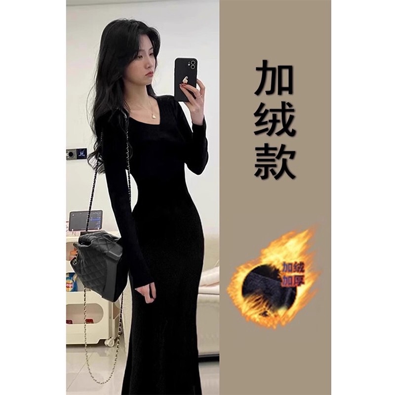黑色穿搭v领步步生莲鱼尾裙女冬季针织内搭连衣裙v领赫本风连衣裙|undefined