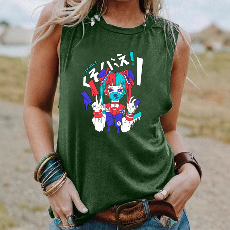 European and American Cross-Border Amazon 2021 New Tokyo Letter Car Crane Bear Print Sleeveless Vest T-Shirt