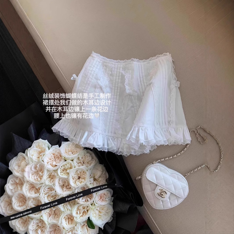 Sweet White High Waist Skirt Women's 2025 Summer New Design Pleated Lace Stitching Skirt