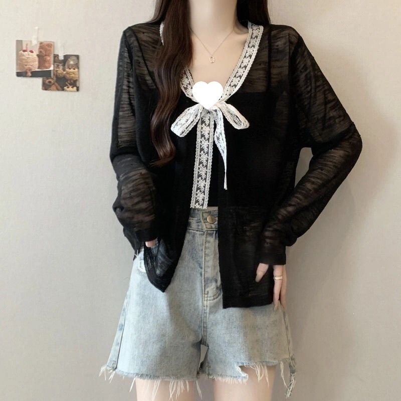 Fashionable Lace Bow Tie Long-Sleeved Cardigan for Women in Summer, Slightly Fat and Plus-Size, Versatile New Knitwear Top