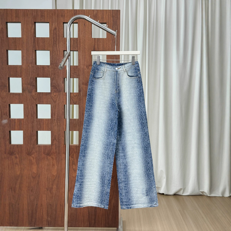 American-style crocodile-pattern rhinestone straight-leg jeans for women, high-end gradient fashion pants, versatile wide-leg trousers