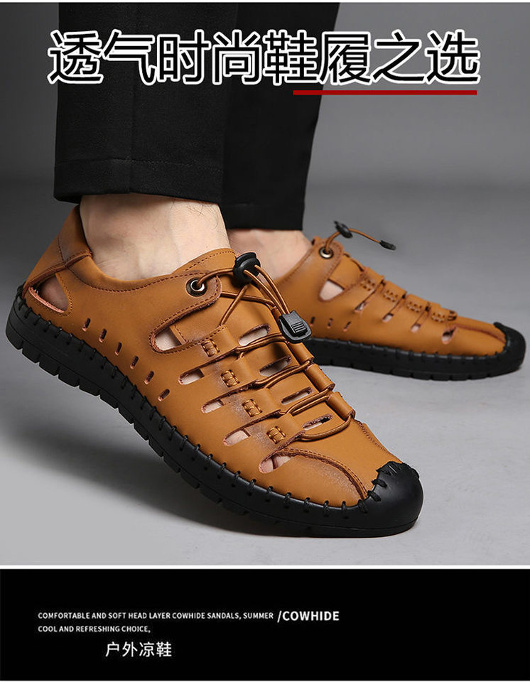 Dép sandal nam quai ngang da bò thật đế mềm thoáng khí kiểu lỗ rỗng — Màu Kaki, Màu nâu vàng, Màu đen chi tiết 3
