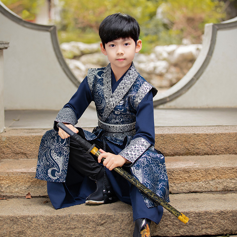 Chinese Prince Hanfu for kids boys Tang suit children's ancient folk costume Chinese warrior swordsman film drama cosplay robe performance clothes for baby