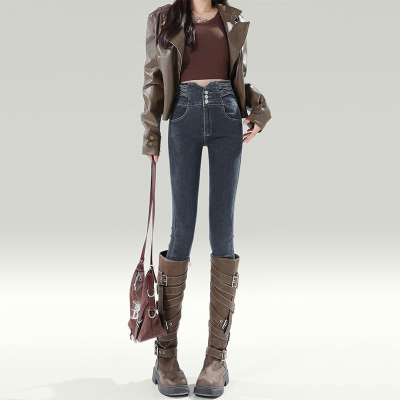 2024 Winter New Blue Grey Skinny Jeans Women's Small Slim Look High Waist Elastic Slim Pencil Pencil Pants