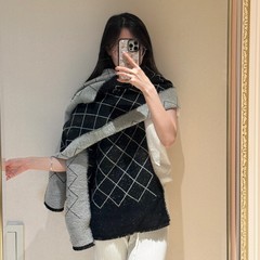 正确版小香风25a黑白双面羊毛围巾女冬灰色羊绒围巾刺绣披肩两用