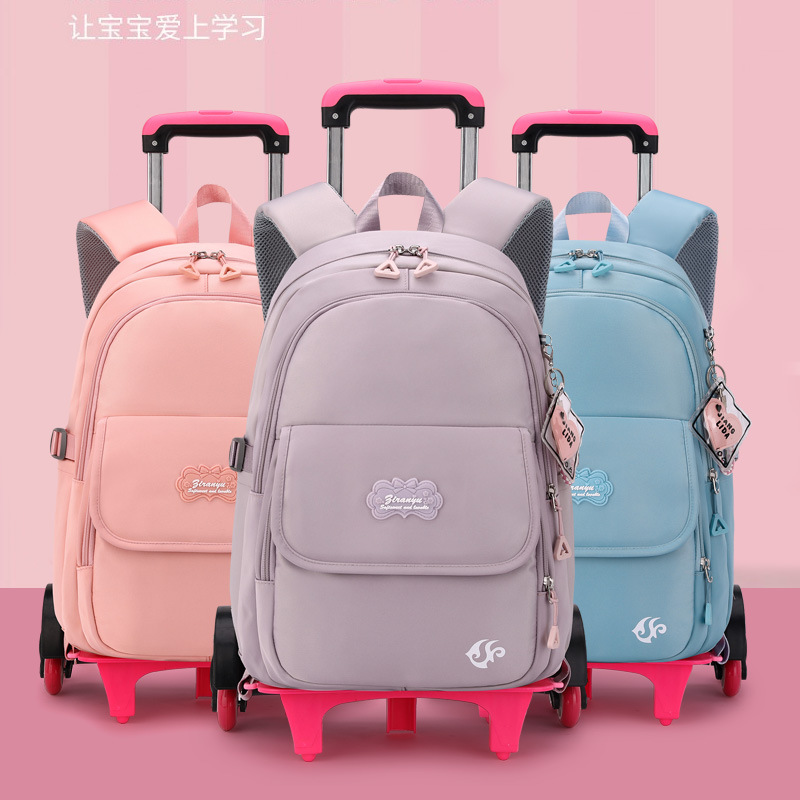 Natural Fish New Style Trolley Schoolbag for Primary School Students and Girls Solid Color Style Large Capacity Detachable Backpack