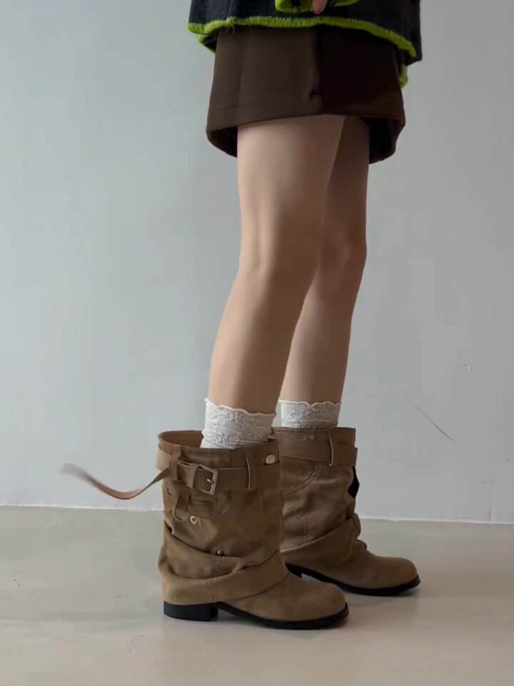 Bốt nữ cổ ngắn da bò mũi vuông thắt lưng khóa xếp nếp tôn dáng — màu kaki chi tiết 6