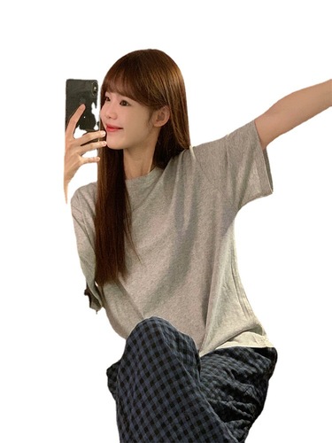 Pajamas for women  simple style vintage loose Japanese short-sleeved T-shirt checkerboard straight pants two-piece set for girls