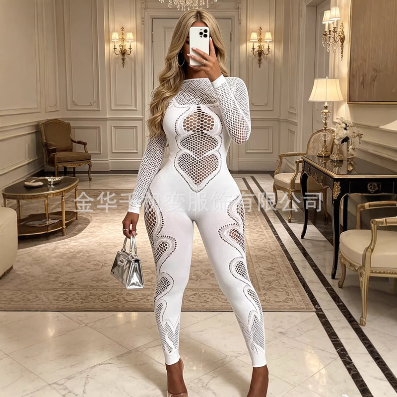 European and American Amazon 2024 New Summer Women's Clothing Round Neck Plain Hollow-Out Pleated Sexy Nightclub Style Jumpsuit for Women