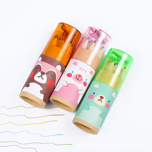 Children's log cartoon mini bear barrel colored pencil drawing brush logo gift wholesale