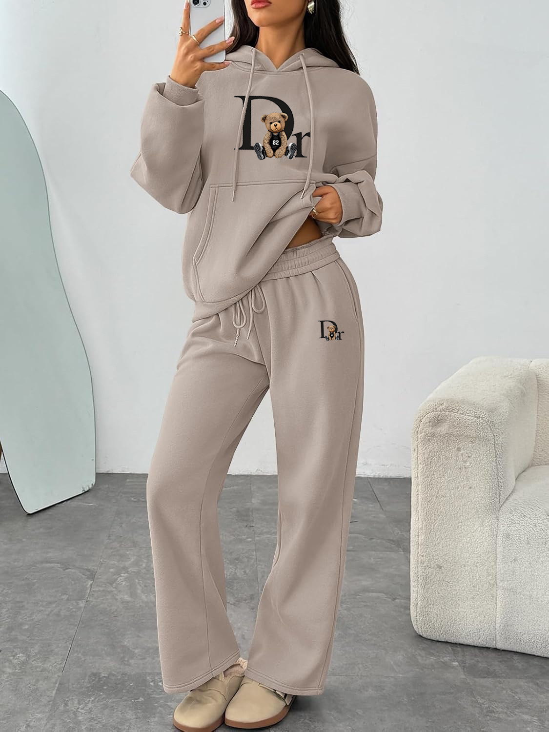 Conjunto de sudadera con capucha y pantalones de pierna ancha y rectos, con estampado de letras, de otoño e invierno, de comercio electrónico transfronterizo_voghion.com