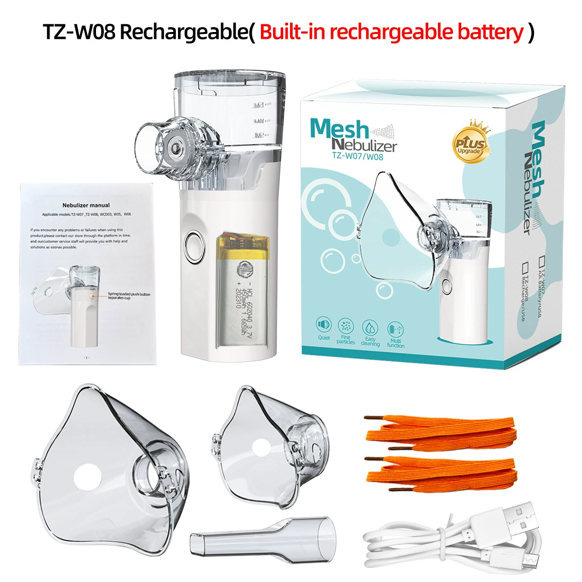 Портативный меш-небулайзер TZ-W07/TZ-W08, тонкая аэрозоль 3,7 мкм, USB/AA или перезаряжаемый