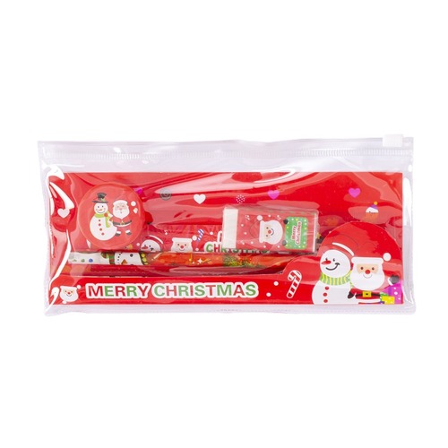 Christmas Stationery Set Pencil Eraser Sharpener Ruler Pull Side Bag Student Stationery Supplies Holiday Gift T