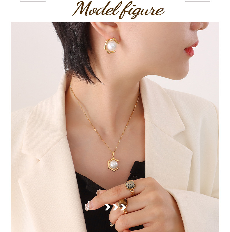 Retro Geometric Titanium Steel Plating Pearl Earrings Necklace