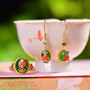 Xinjiang Hetian Jade Jasper Oval Egg Face Earrings S925 Silver Personality Xiangyun Enamel Two-Piece Women's Jewelry