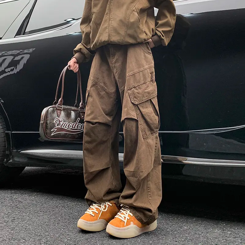 Maillard Brown Wide-Leg Cargo Pants Men's High-Quality Washed Pleated Paratrooper Pants Loose Straight Casual Trousers