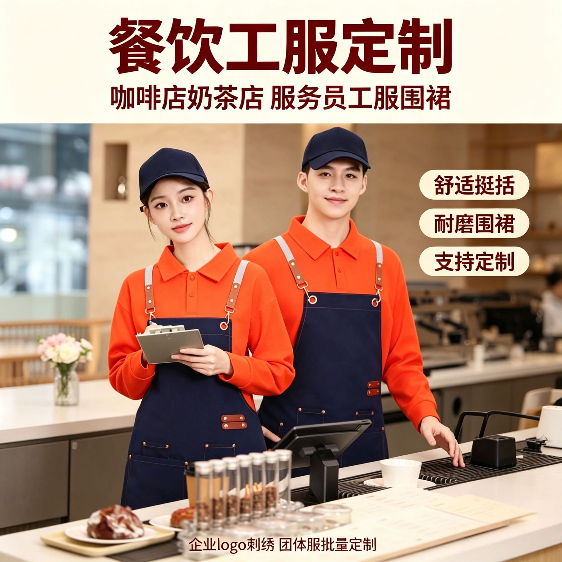 Custom logo long-sleeve sweatshirt workwear for catering, solid color workwear with printed text for milk tea shops and coffee shops