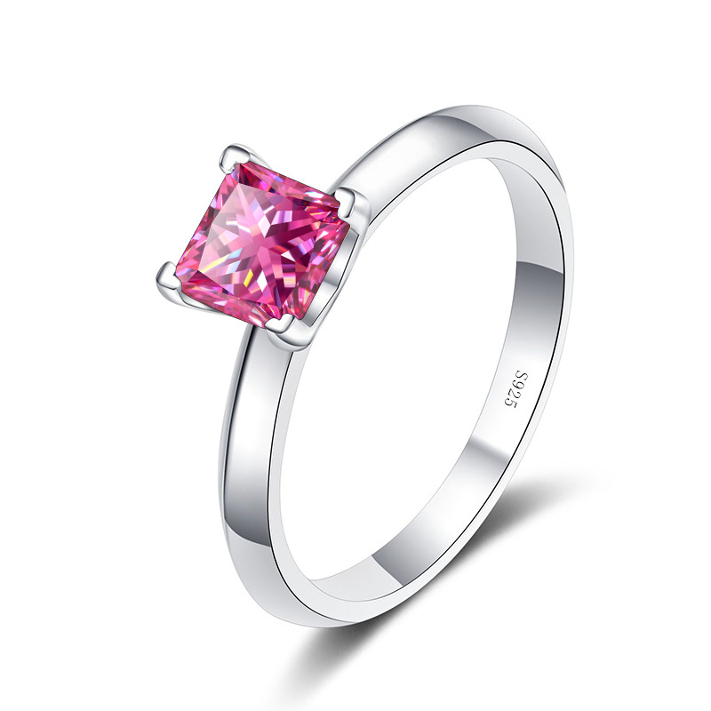Anillo de plata esterlina mujer T desnudo cuatro garras 1 quilates 2 quilates princesa cuadrada rosa azul verde anillo de piedra de mozanita