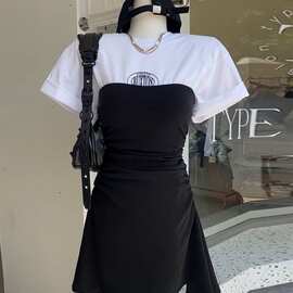 韩系风格穿搭假两件连衣裙女年夏季新款收腰港味复古裙子