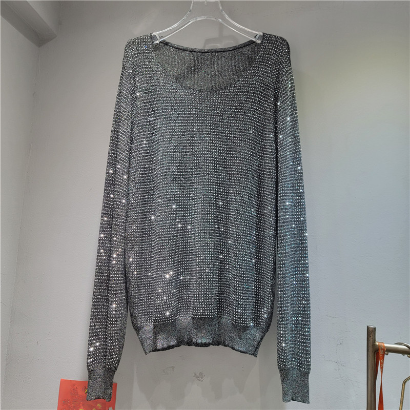 Suéter de perforación caliente de la industria pesada europea, mujer de cuello redondo brillante, chaqueta larga y media, nueva camiseta de punto de otoño y invierno es delgada. image 4