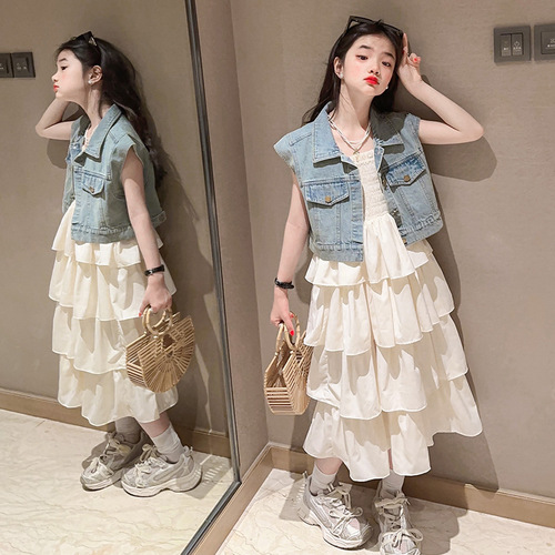 Cake skirt children's summer  new girls suspender skirt suit big children summer skirt girl dress