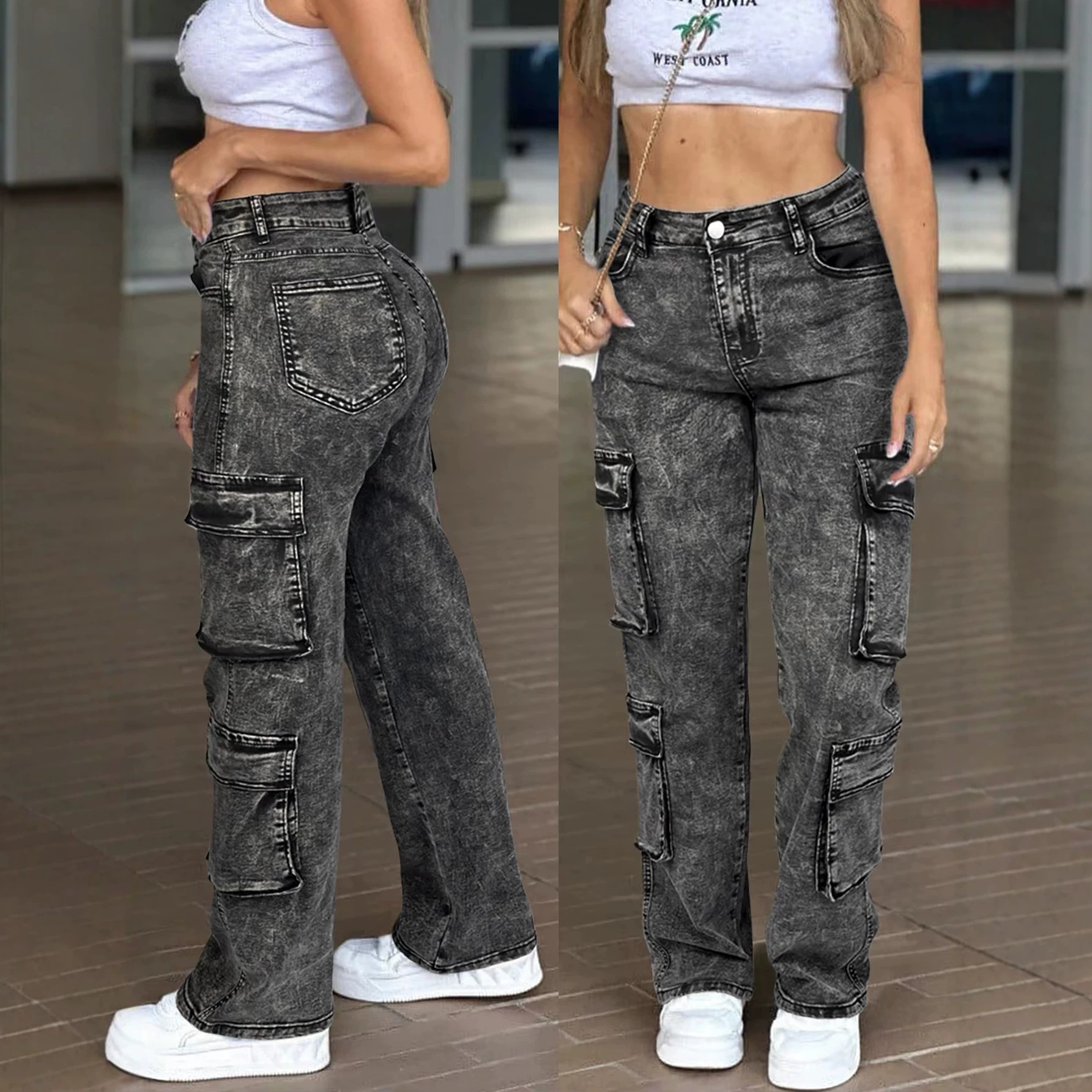 Women's High-Waisted Washed Retro Jeans Multi-Pocket Casual Cargo Pants For Foreign Trade Cross-Border Europe And America_ecoleips.com