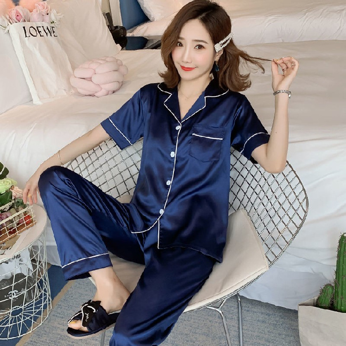 Pijama de dama pijama de seda primavera y verano hielo delgado cardigan de seda simulada sexy vestido de mangas cortas