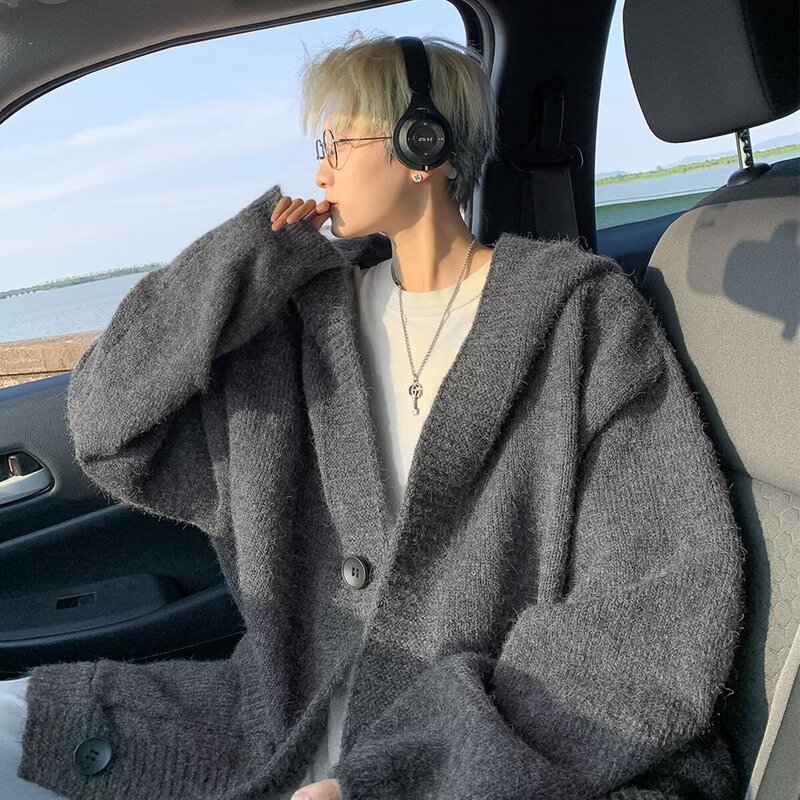 High-end Sense Grey Hooded Sweater Men's Autumn and Winter plus size Fashionable Loose Lazy Style Knitted Cardigan Jacket Wool Shoulder