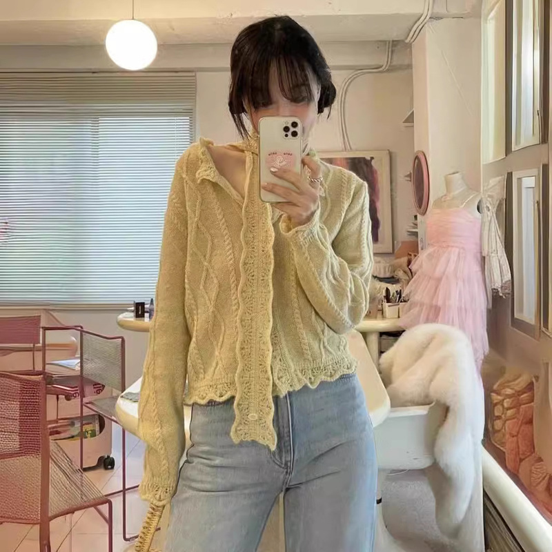 in stock ~ South Korea fl * ta 24 early spring new lace collar long sleeve knitted sweater cardigan