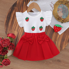 外贸跨境女童套装夏新款草莓贴布坑条上衣休闲蝴蝶结短裙套装