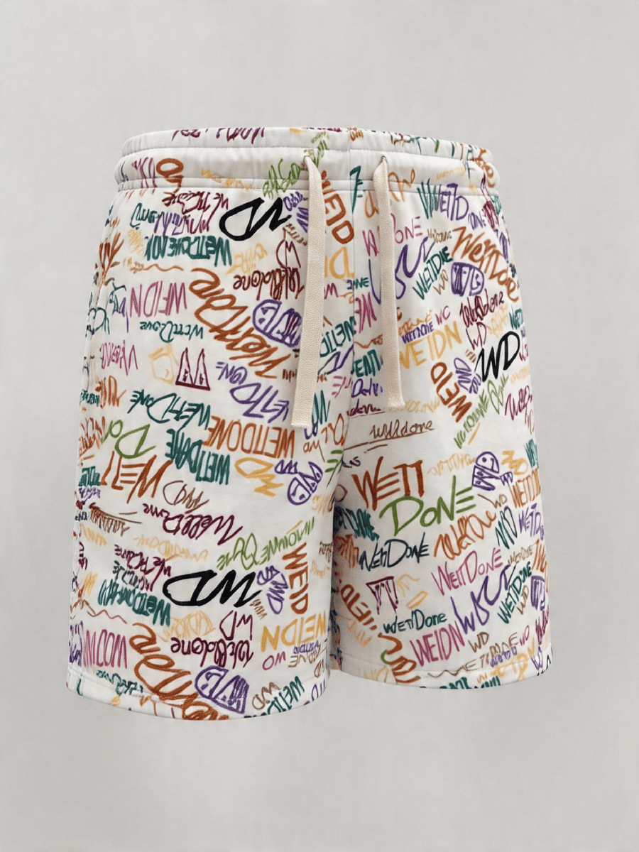 Retro Full Print Graffiti Lettering Men's Summer Shorts, High Street Loose Fit Straight Leg 5-Point Shorts_viptrois.com