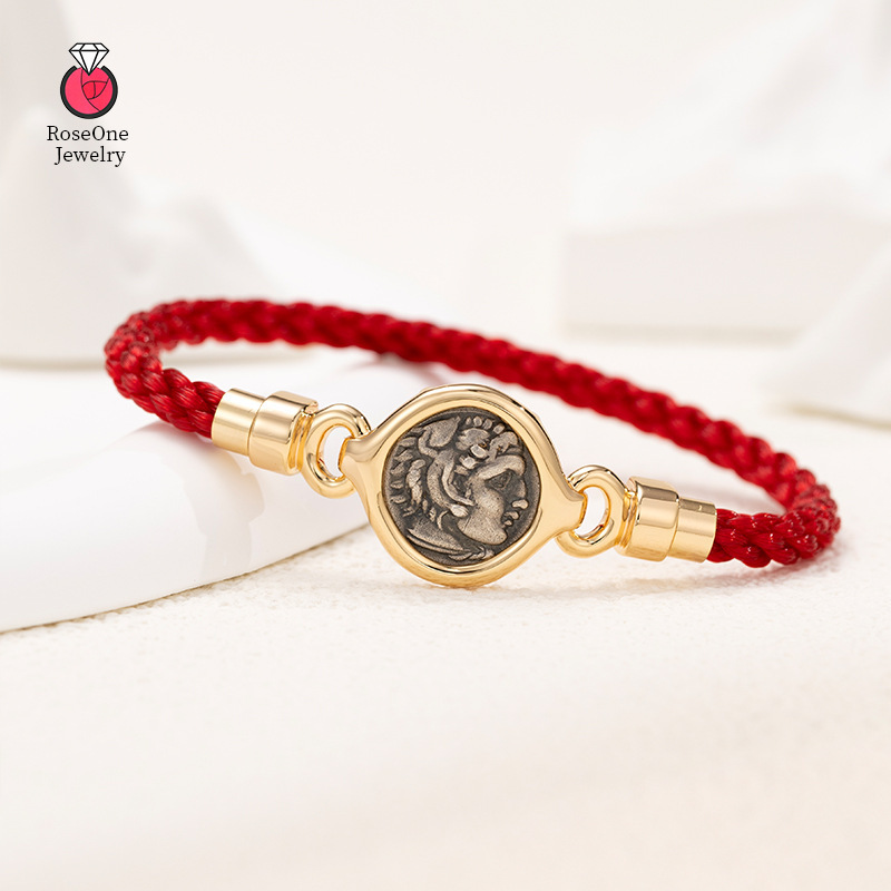 Roseone Ancient Greek Alexander Zeus Silver Coin Bracelet Ancient Coin 925 Braided Red Rope Chain for Men and Women
