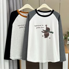 打底衫秋季新款200斤胖妹妹简约休闲拼色印花卡通长袖T恤上衣8331