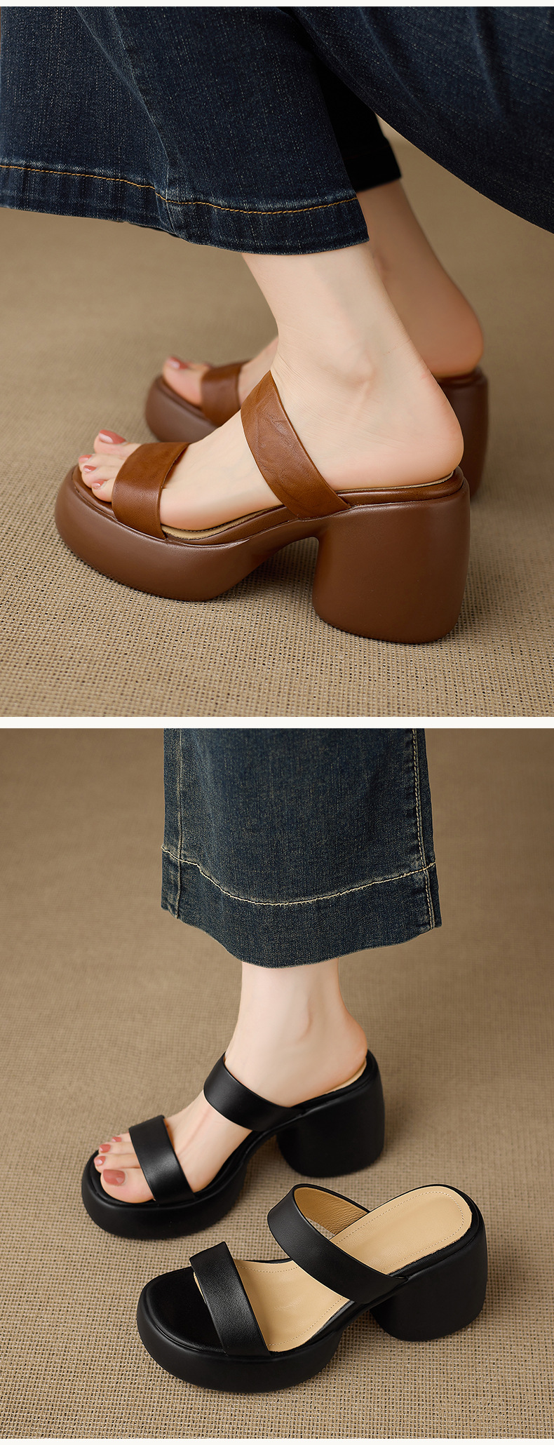 Sandal cao gót nữ quai ngang hở mũi đế xuồng gót vuông 9 cm — màu nâu, màu đen, màu trắng ngà chi tiết 8