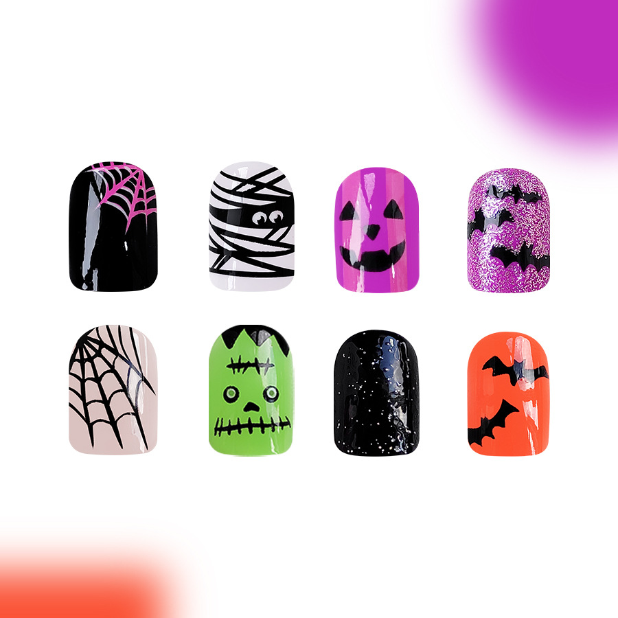 Combinazione di nail art con faccia corta e luminosa, ragnatela di Halloween, pipistrello, fantasma, temperamento, moda, usura 96 24 x 4_voghion.com
