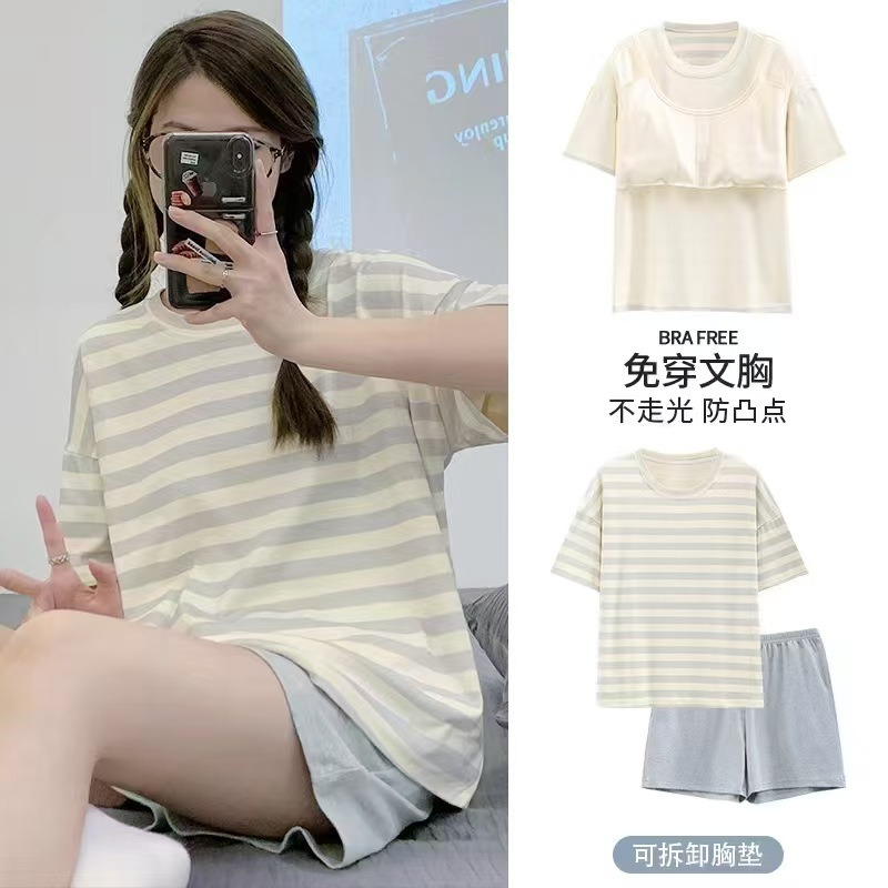 Pijamas al por mayor transfronterizos, algodón de imitación para mujer, almohadilla para el pecho, nuevo verano a prueba de golpes, pantalones cortos de manga corta, traje de servicio a domicilio