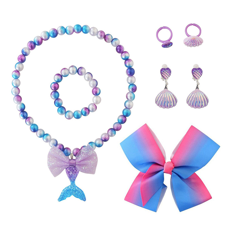 Collar para niños sirena cola collar de perlas para niñas pulsera anillo pendientes traje para niñas accesorios para bebés