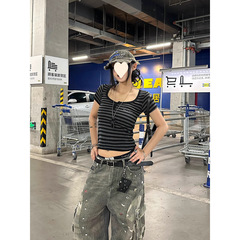 【酷丝螺纹】美式复古辣妹条纹U领正肩短袖T恤女夏季收腰短款上衣