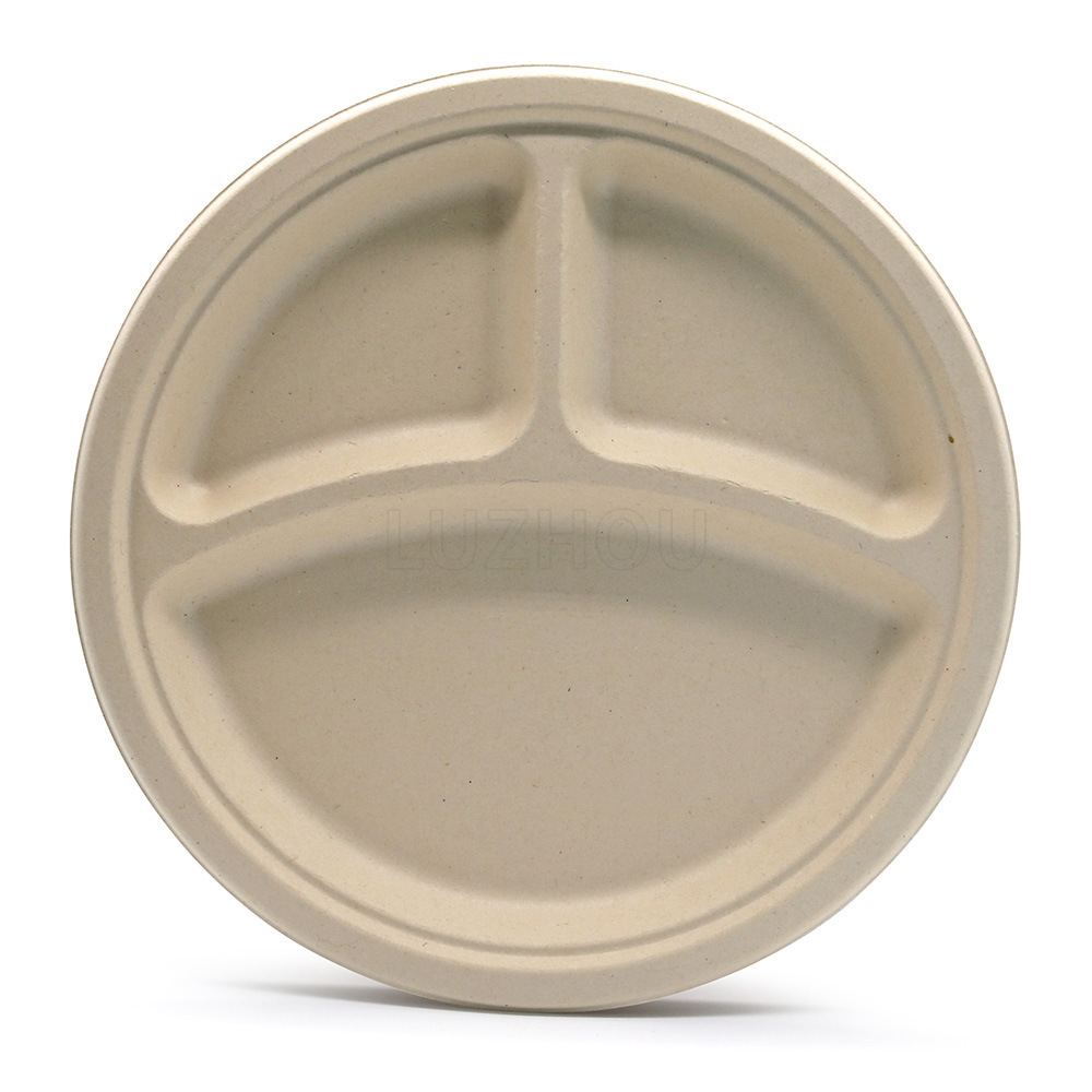 Plato Redondo de 3 Compartimentos de 10 Pulgadas de Pulpa de Caña de Azúcar Shaoneng Oasis, Vajilla Desechable Ecológica, Biodegradable y Compostable, Tipo Bento