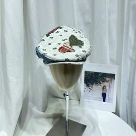 小众设计师款牛仔拼接爱心贴布前进帽女个性破洞画家报童帽鸭舌帽