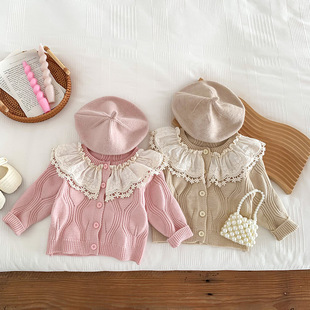 ins autumn newborn baby lace knitted coat baby cotton yarn all-match Western style round neck sweater cardigan