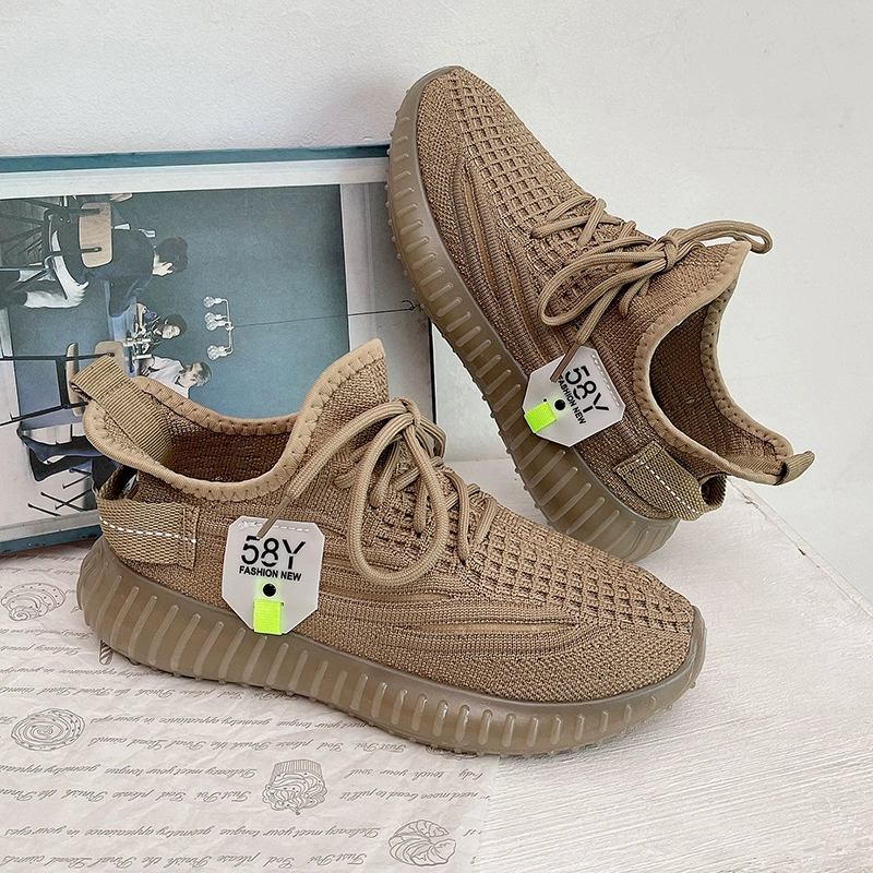 2024 новая модель кроссовок Earth Brown Flyknit Yeezy, дышащие кроссовки Flyknit, модные универсальные повседневные туфли для студентов и женщин.
