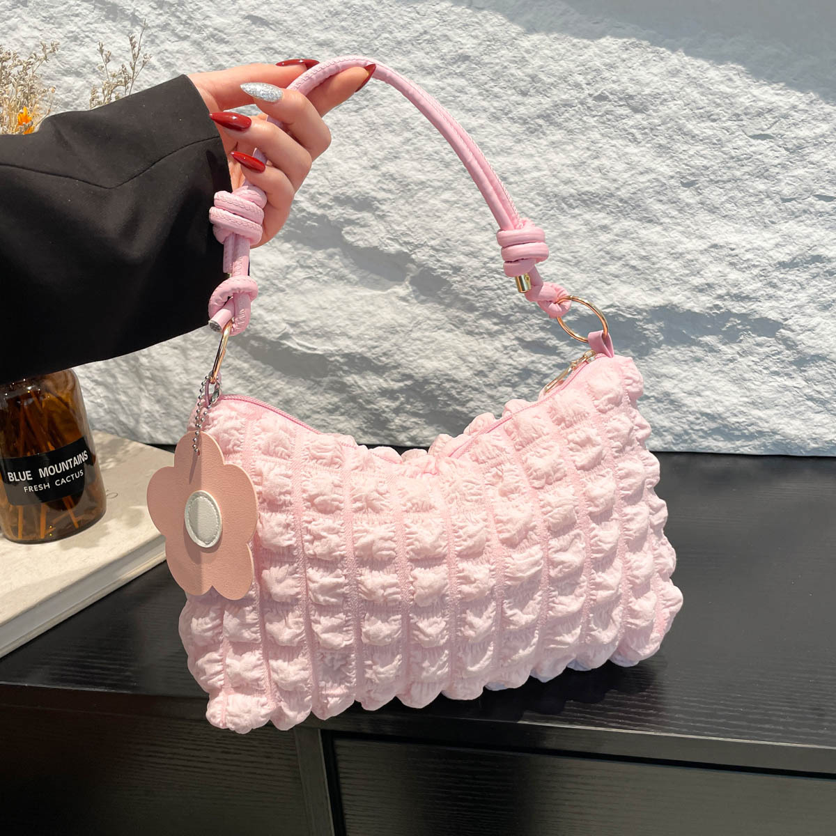 Ruched Bubble Texture Flower Charm Polyester Shoulder Bag 10
